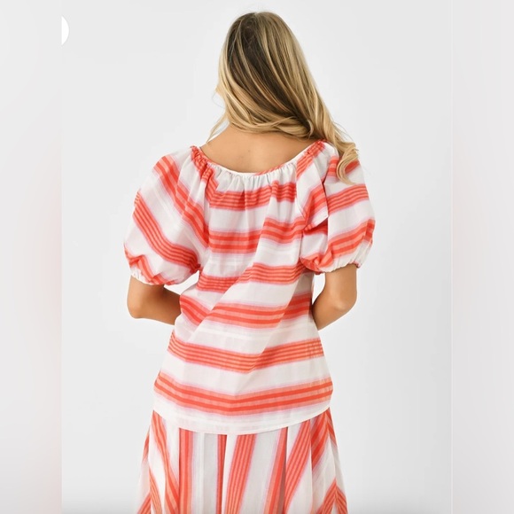 Never A Wallflower Gathered V-Neck Blouse Small Pink Orange Stripe Puff Sleeve‎ - Picture 2 of 8